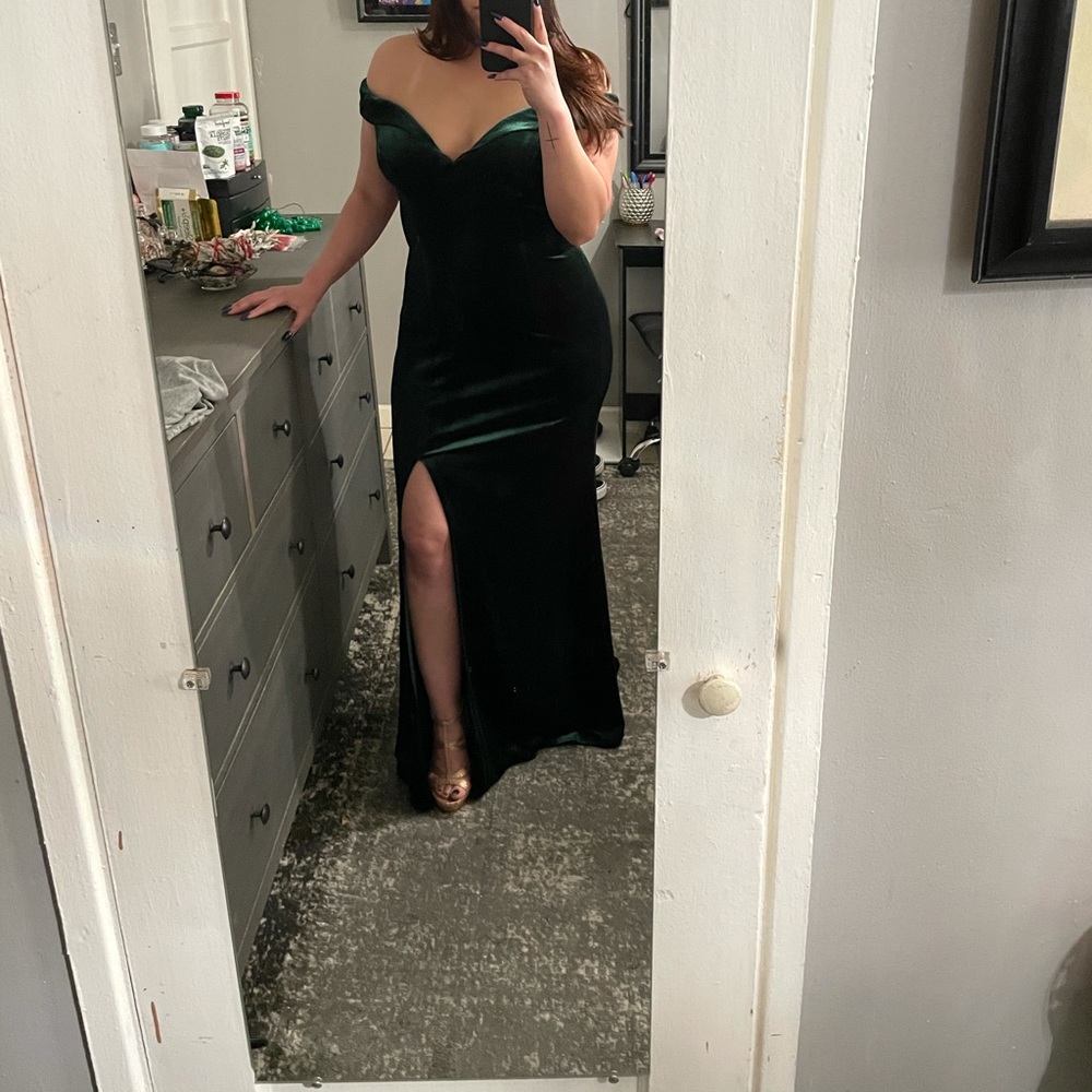Green velvet off the shoulder dress with slit